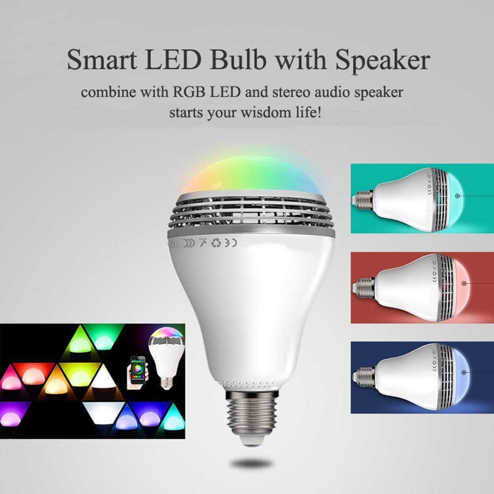 Smart LED bulb with speaker displaying RGB color changes and stereo audio capabilities.