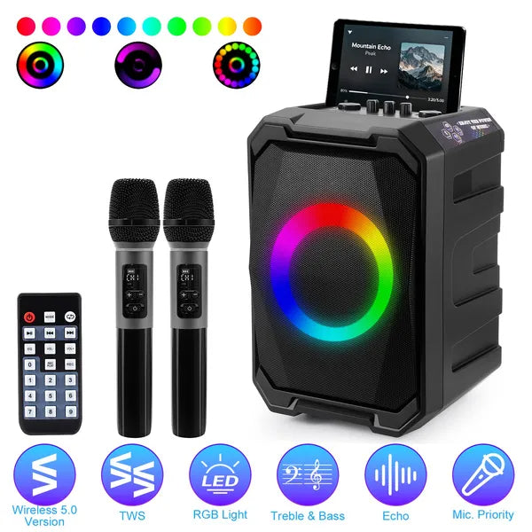 Portable Wireless Party Speaker W/ LED Light  ( 2 Wireless Mics INCLUDED For Karaoke Night )