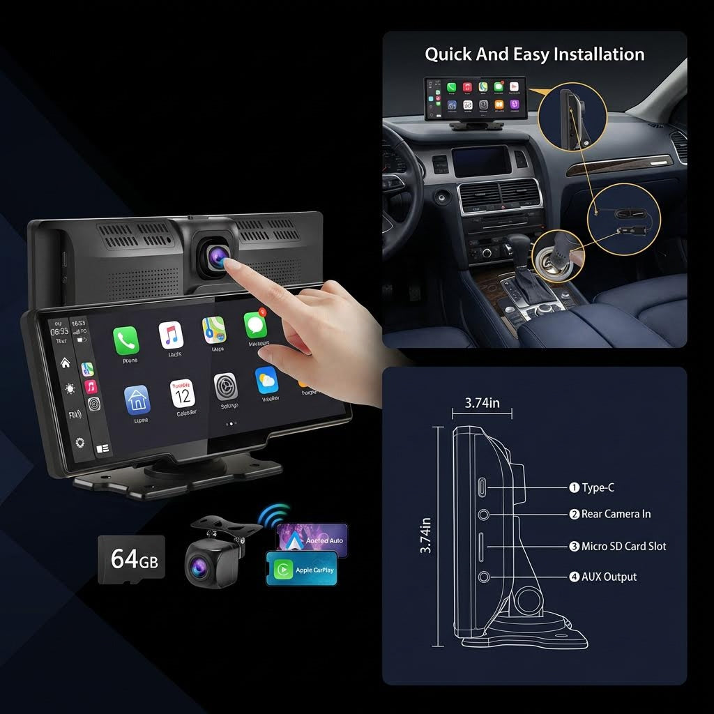 Car dashboard camera system with installation guide and product features on a dark background