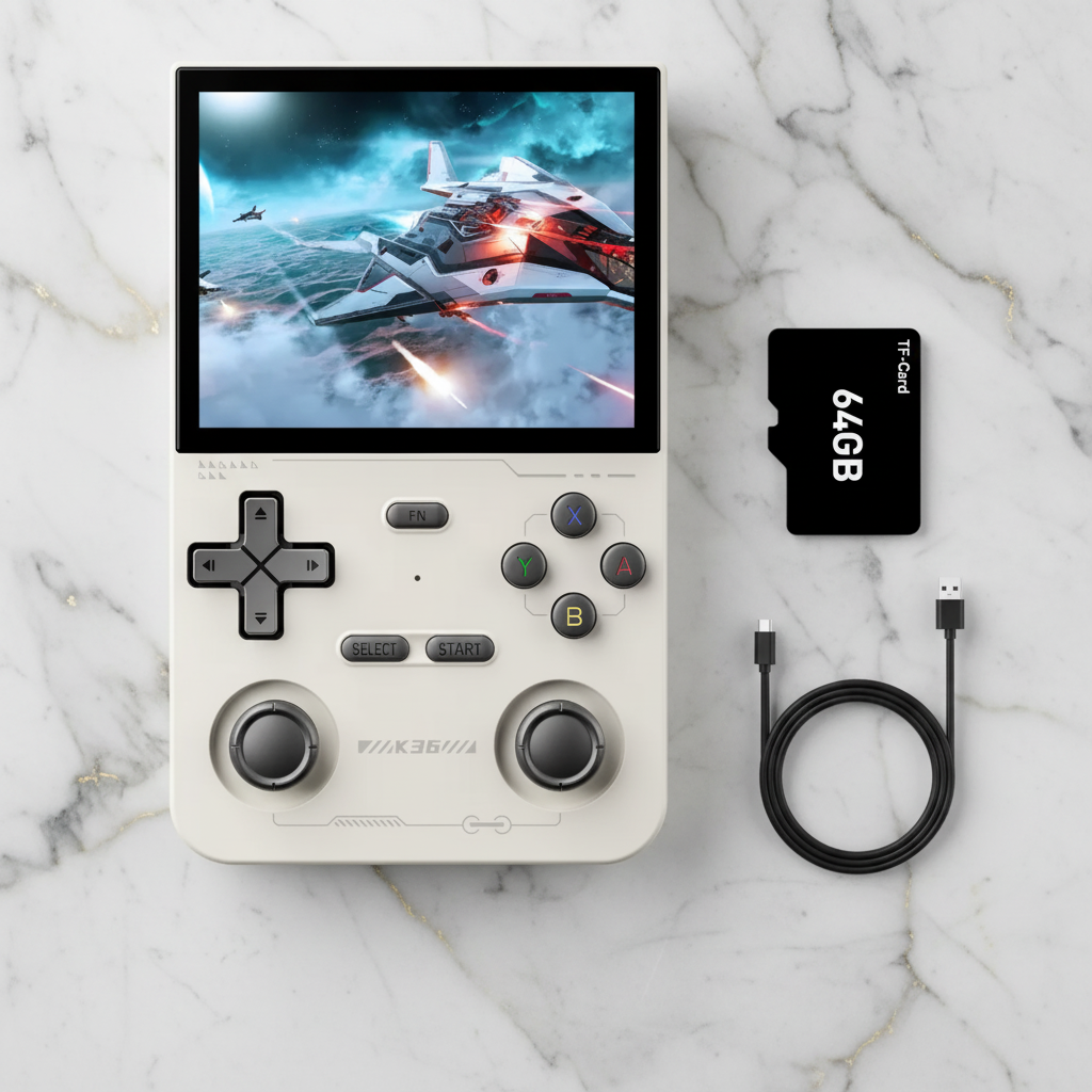 Handheld gaming console with screen displaying a game, 64GB microSD card, USB cable, and black case on white background