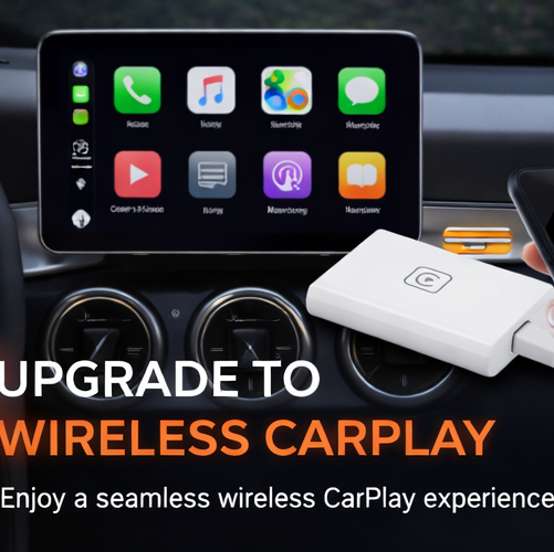 Car dashboard with wireless CarPlay adapter and smartphone, text 'Upgrade to Wireless CarPlay'.