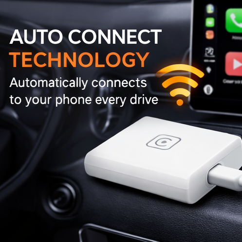 Car dashboard with a device connecting to a smartphone displaying CarPlay, emphasizing auto-connect technology.