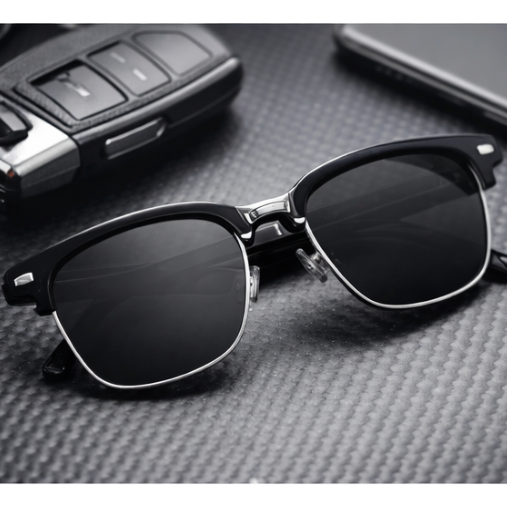Black sunglasses on a textured surface with car keys and a phone in the background