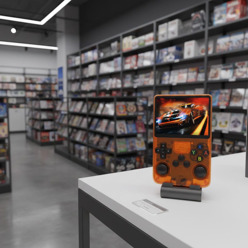 Handheld gaming console with 'Orange 64G single card' text on a white background