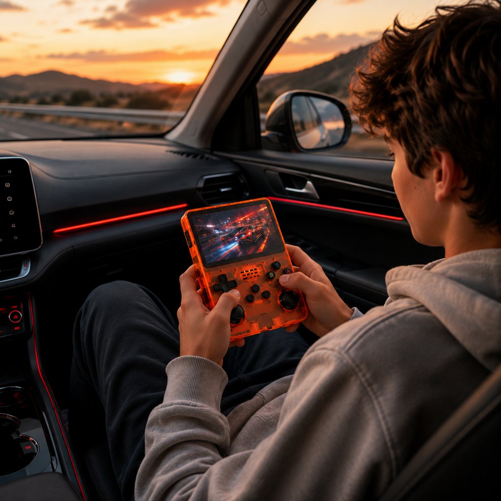 Person playing a handheld gaming console in a car with a sunset outside