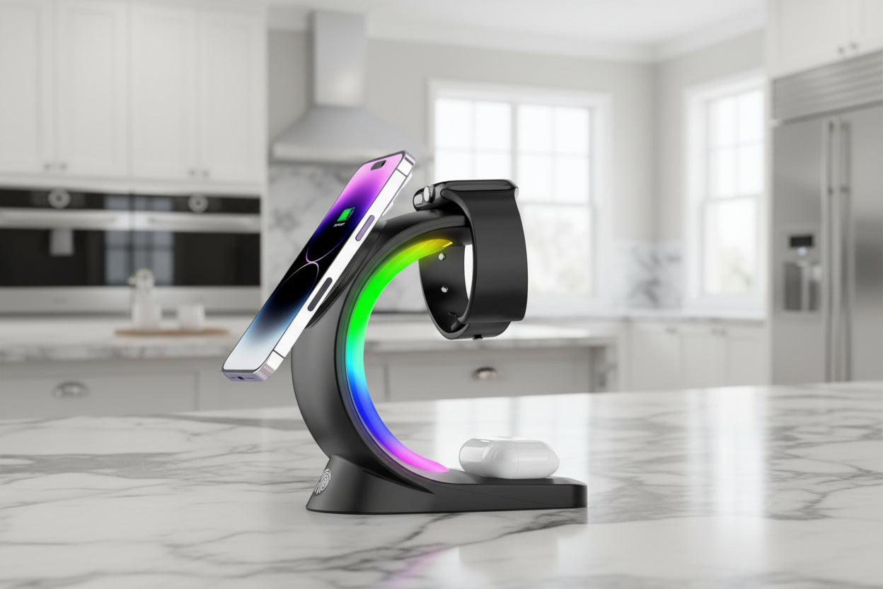 5-in-1 charging stand with phone, watch, and airpods support and RGB lighting.