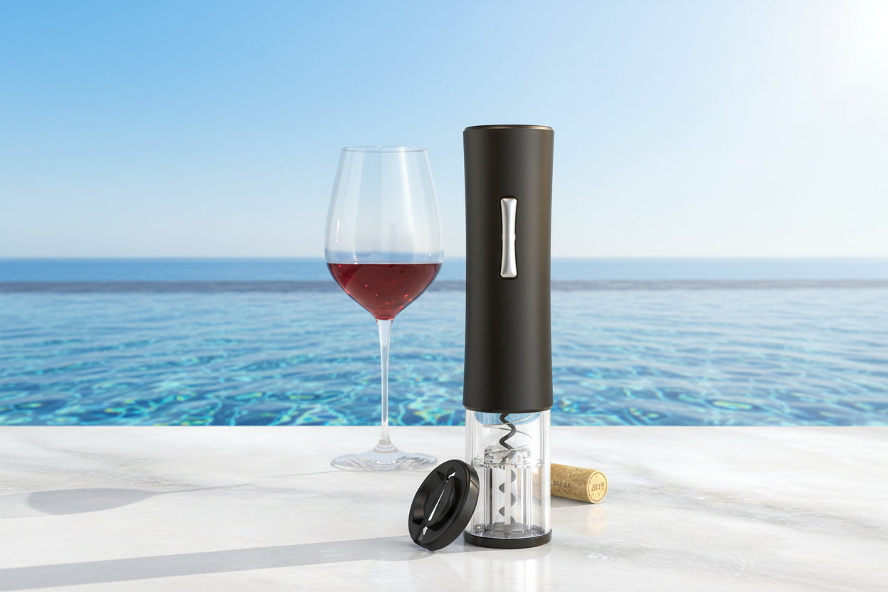 Black electric wine opener with a glass of red wine and cork on a light background
