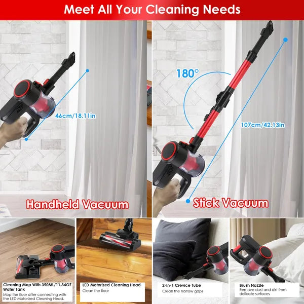 Cordless Vacuum Cleaner Lightweight Handheld Vacuum Upright Stick Floor Vacuum Battery Powered Mop With Lighting 2 Speeds 12000PA Suction 4 Tools Mount Bracket 180° Foldable